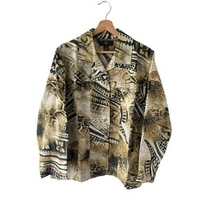 IOS Vintage Silk Linen Button Down Shirt Animal Paisley Baroque Print Womens L